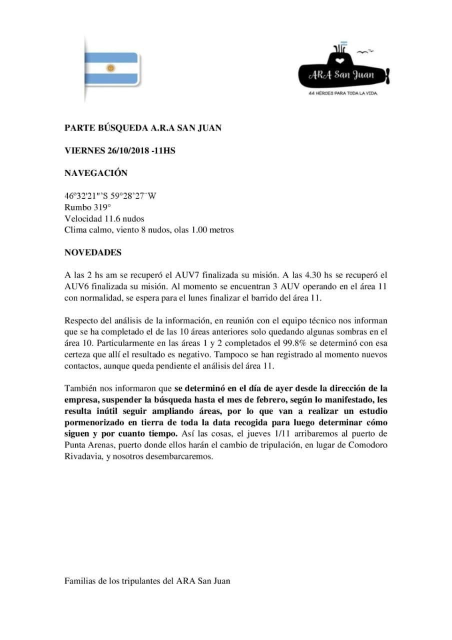 Comunicado de familiares del ARA San Juan tras suspensión de búsqueda