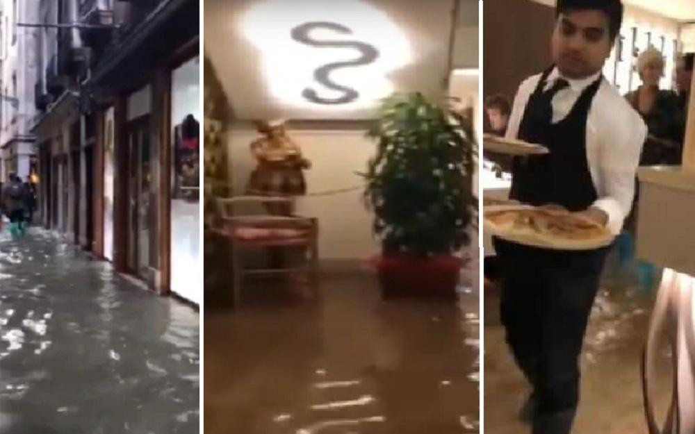 Venecia: con el agua hasta los tobillos, una pizzería desafía las inundaciones