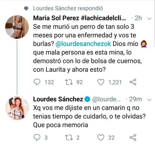Tuit de Sol Perez y respuesta de Lourdes Sánchez tras la muerte de un perro