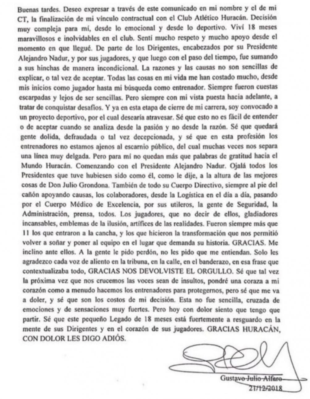 Carta de despedida de Gustavo Alfaro de Huracán