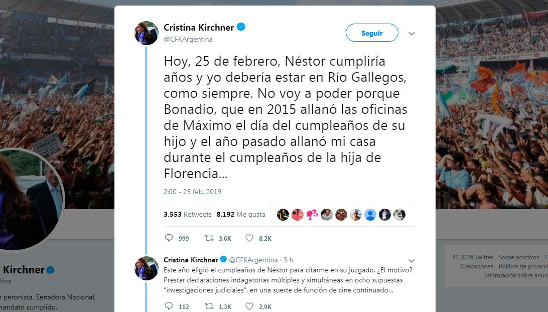 Mensaje de Cristina Kirchner en Twitter