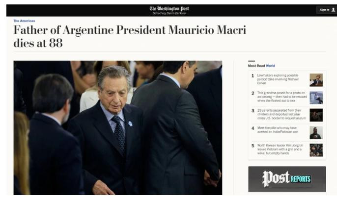 Medios internacionales - noticia muerte Franco Macri