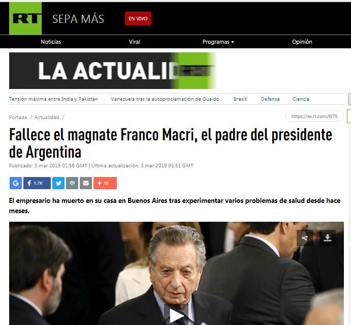 Medios internacionales - noticia muerte Franco Macri