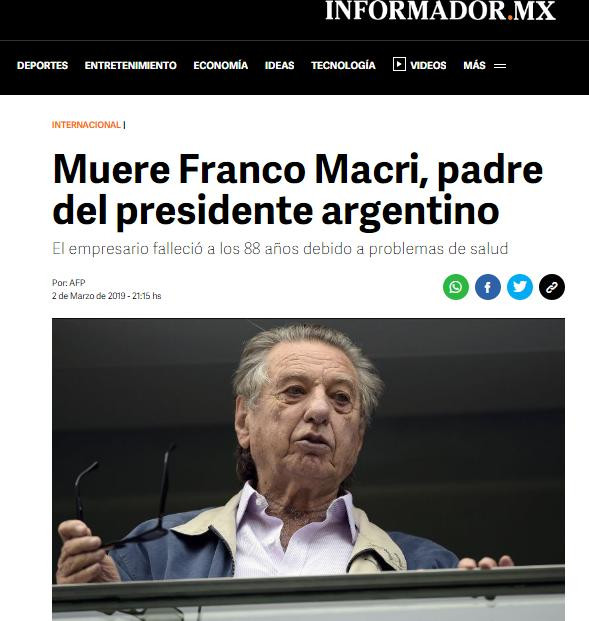 Medios internacionales - noticia muerte Franco Macri