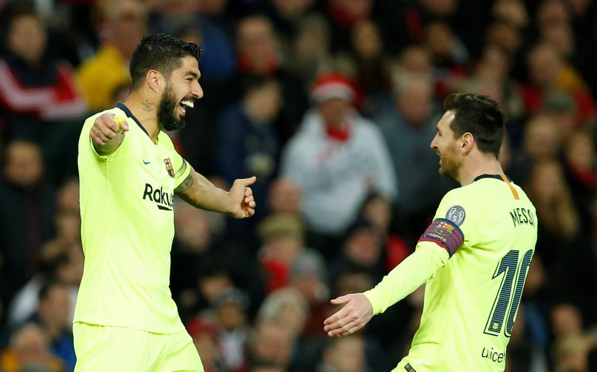 Champions League: Manchester United vs. Barcelona, festejo de Luis Suárez y Lionel Messi, Reuters