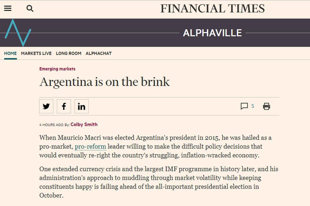 Nota del diario británico Financial Times sobre la crisis económica argentina