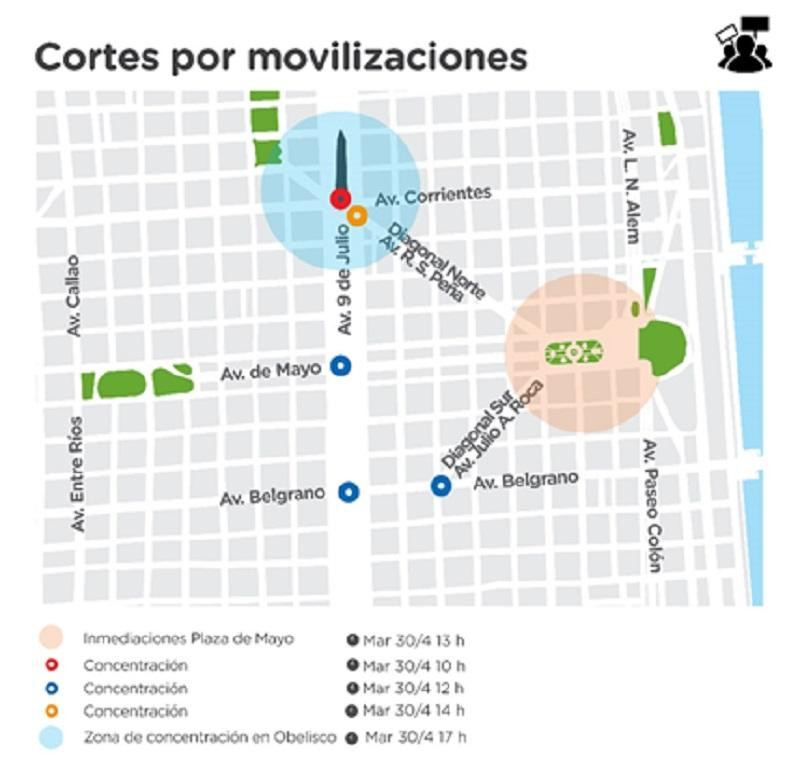 Paro del 30 de abril, mapa de cortes y movilizaciones en la Ciudad