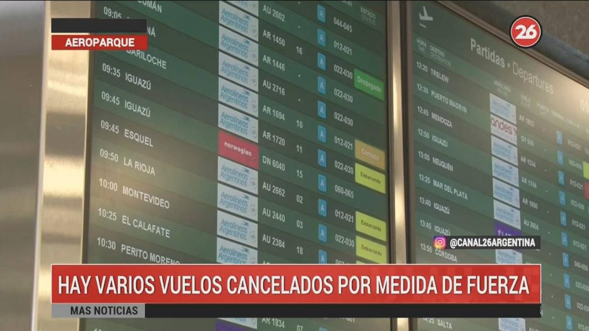 Vuelos de cabotaje cancelados por medida de fuerza de aeronavegantes (Canal 26)