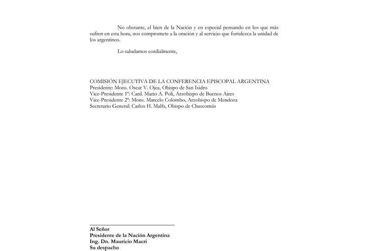 Carta de Iglesia a Mauricio Macri - Acuerdo Nacional