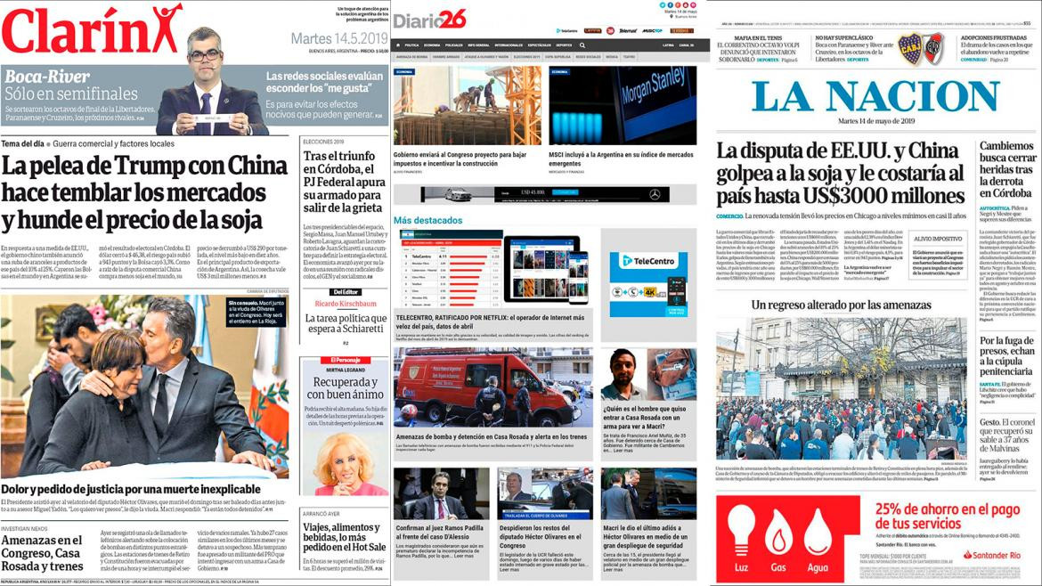 Tapas de diario 14-05-19 - Conflicto entre EE.UU y China y lunes complicado con amenazas y alertas