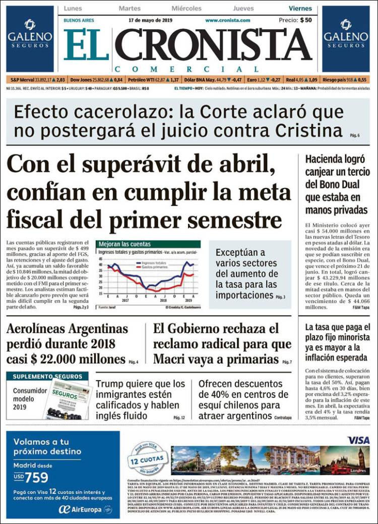 Tapas de diarios - El Cronista viernes 17-05-19