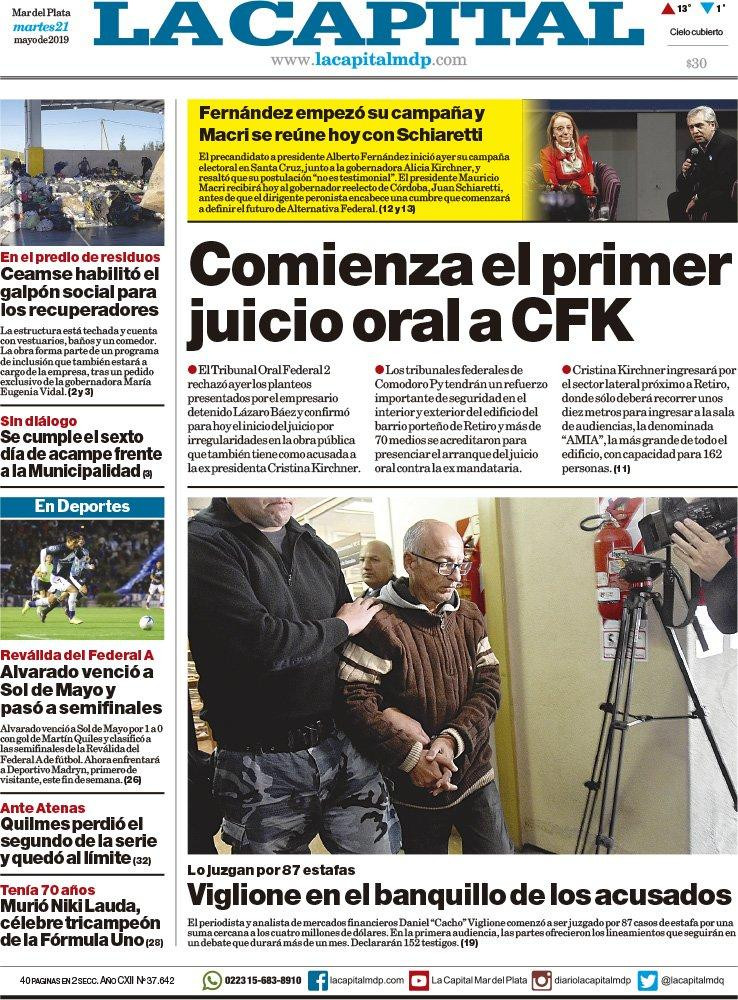 Tapas de diarios - La Capital Mar del Plata 21-05-19