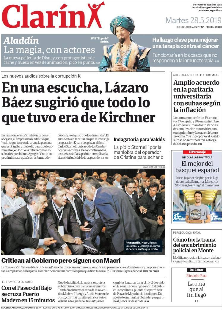 Tapas de diarios Clarin martes 28-05-19