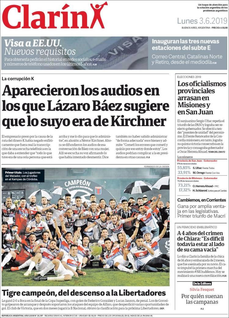 Tapas de diarios - Clarín 3 de junio de 2019