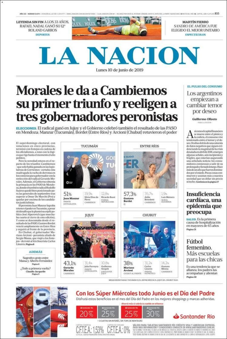 Tapas de diarios - La Nación lunes 10-06-19