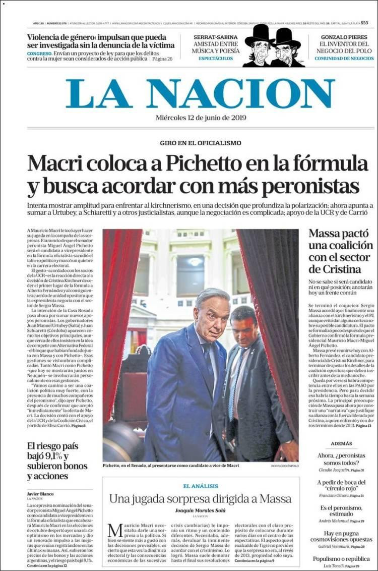 Tapas de Diarios - La Nación miércoles 12-6-19