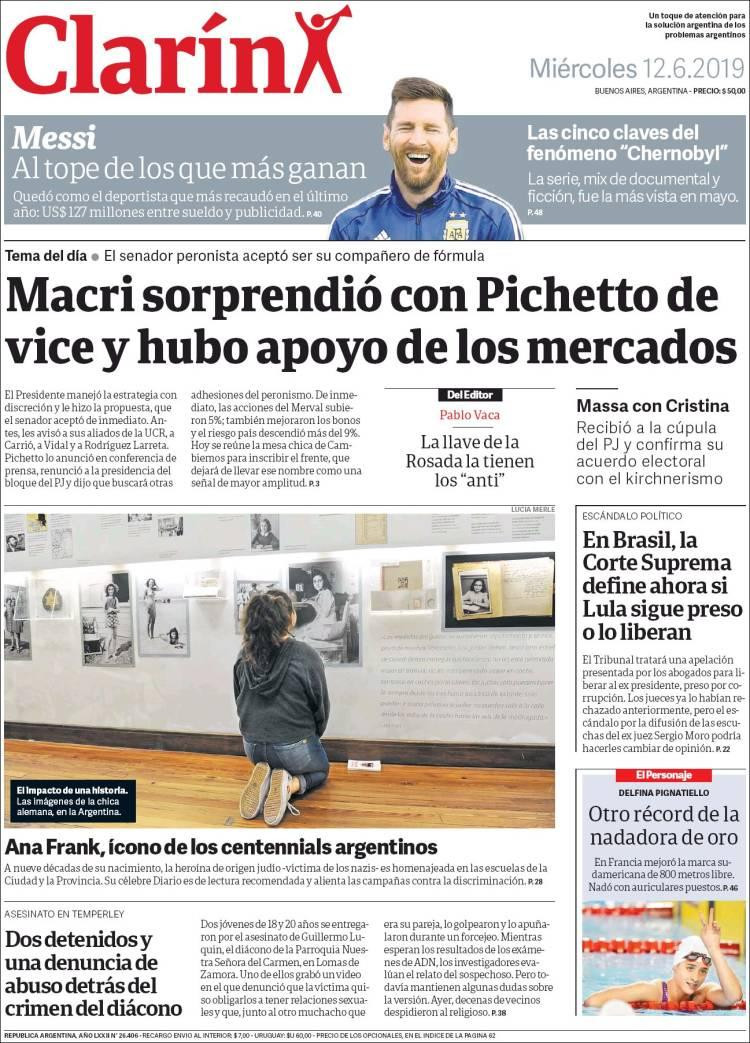 Tapas de Diarios - Clarín miércoles 12-6-19