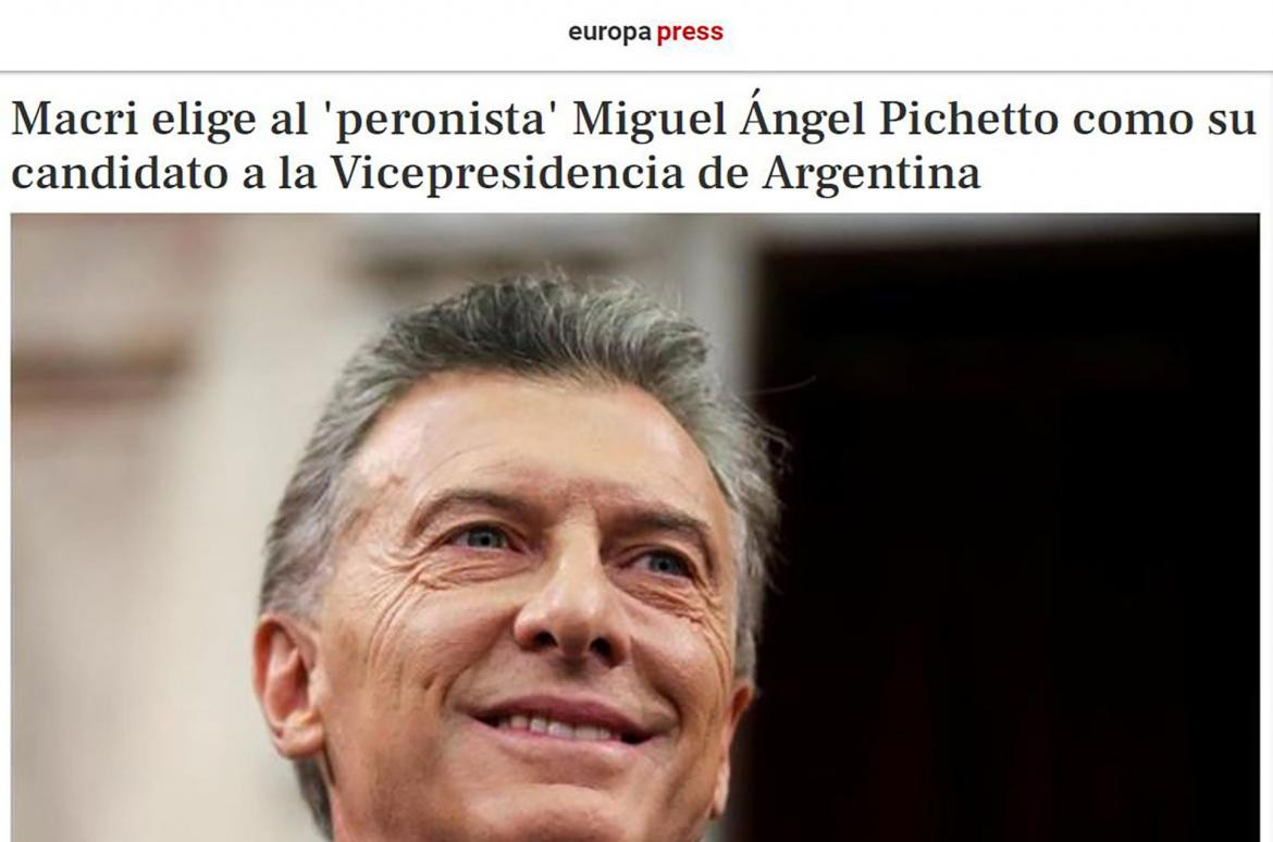 Reaccion de medios internacionales tras anuncio de Pichetto candidato a vice - Diarios