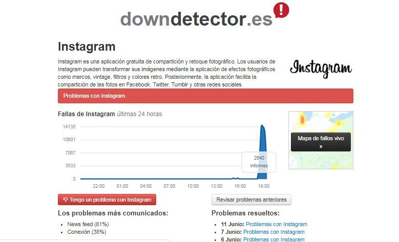 Instagram - caída de servicio	