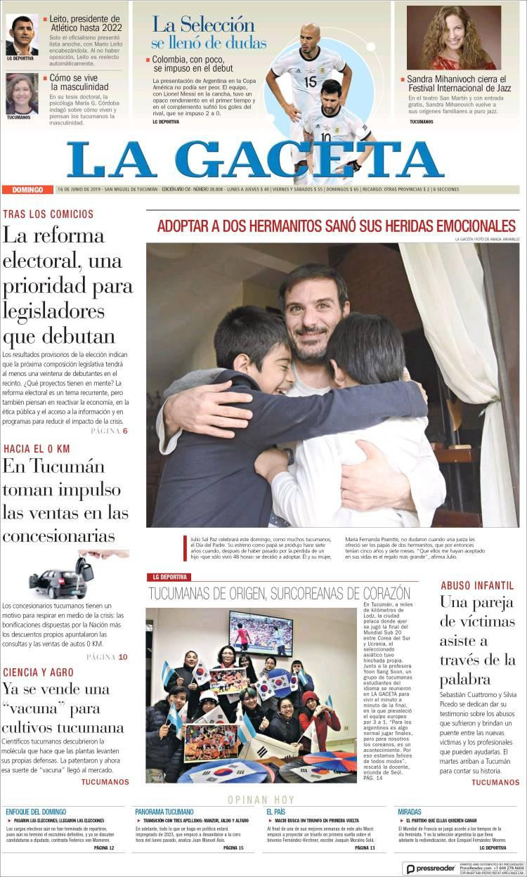 Tapas de diarios - La Gaceta domingo 16-06-19