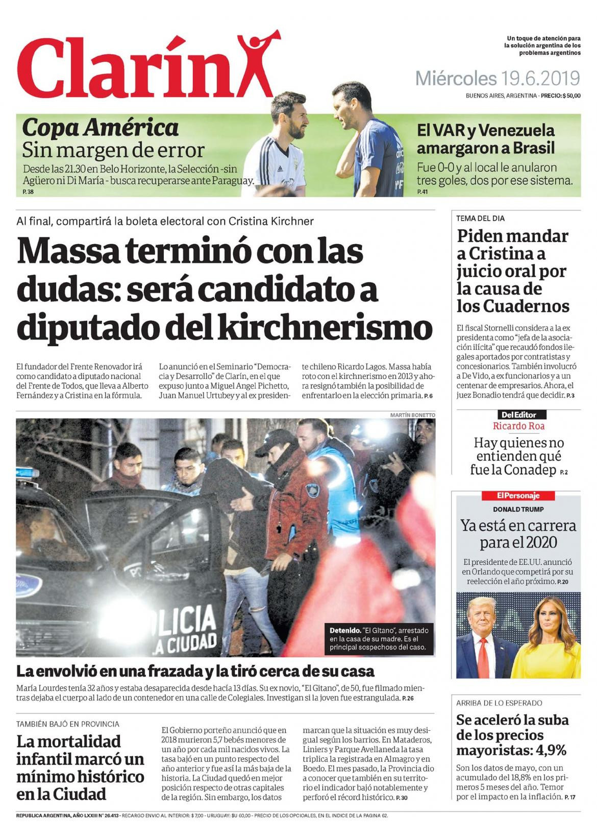 Tapas de diarios - Clarin miércoles 19-06-19