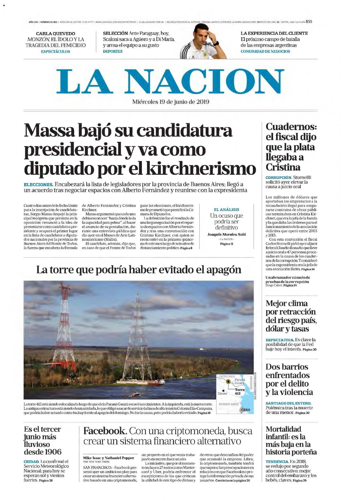 Tapas de diarios - La Nación miércoles 19-06-19