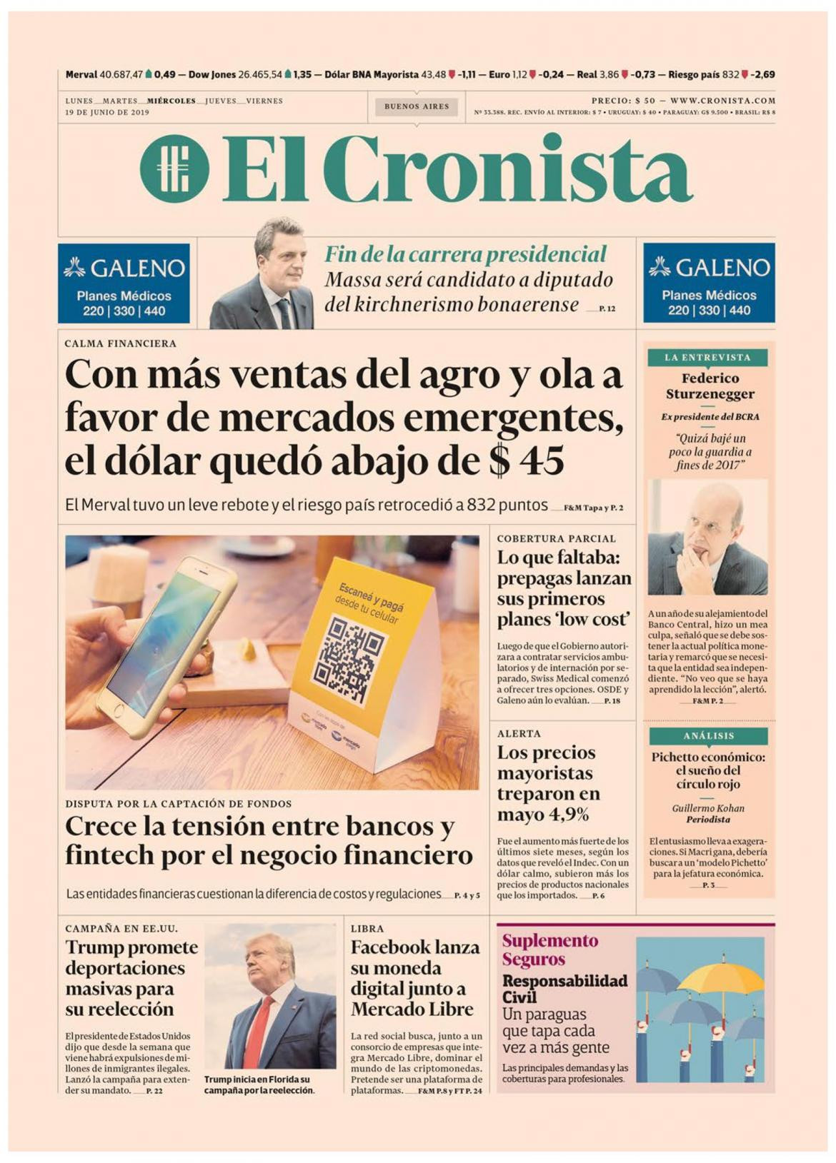 Tapas de diarios - El Cronista miércoles 19-06-19