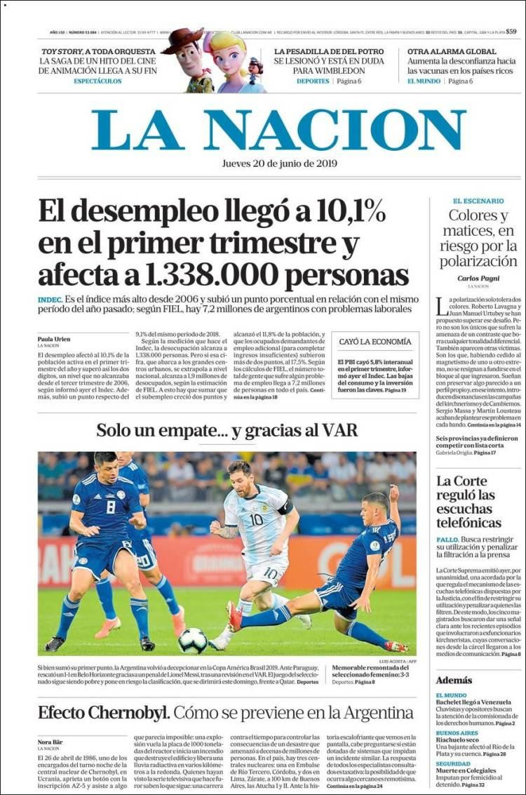 Tapas de diarios - La Nación jueves 20-06-19