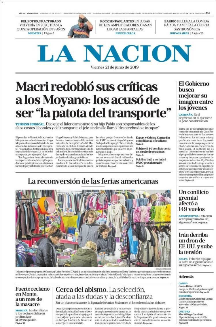 Tapas de diarios - La Nación viernes 21-06-19