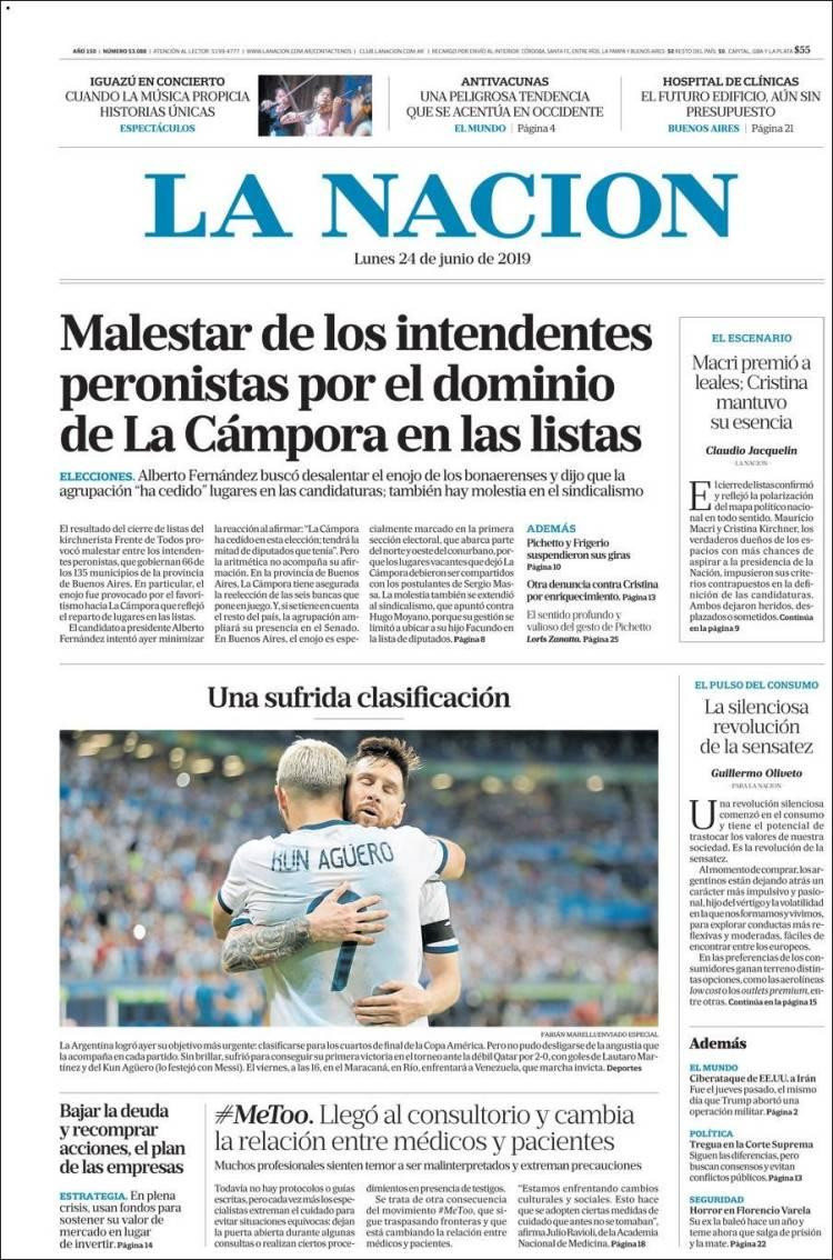 Tapas de diarios, La Nación, 24 de junio de 2019	