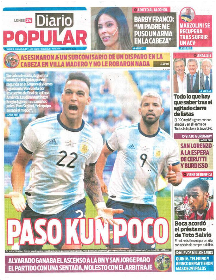 Tapas de diarios, Diario Popular, 24 de junio de 2019	