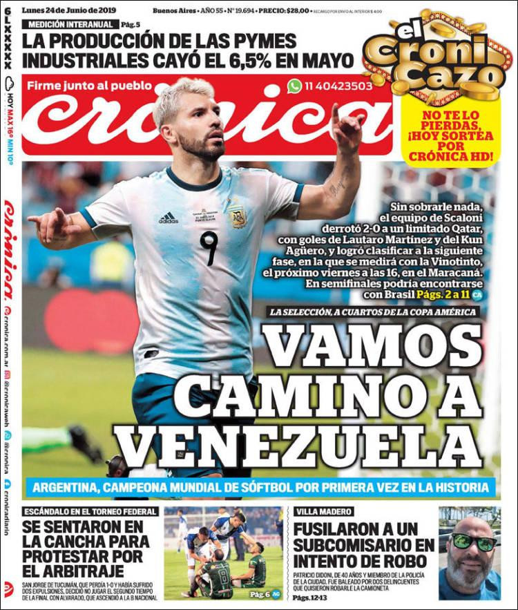 Tapas de diarios, Crónica, 24 de junio de 2019	