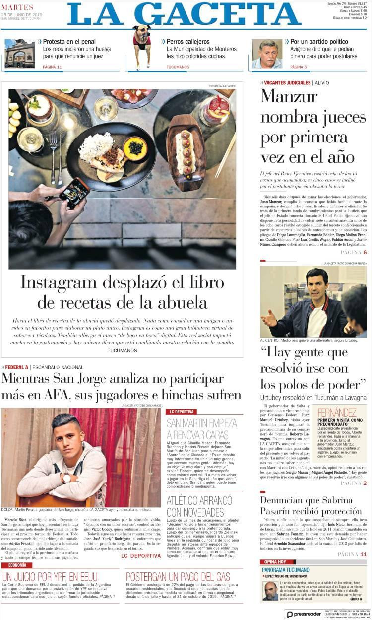 Tapas de diarios - La Gaceta martes 25-06-19