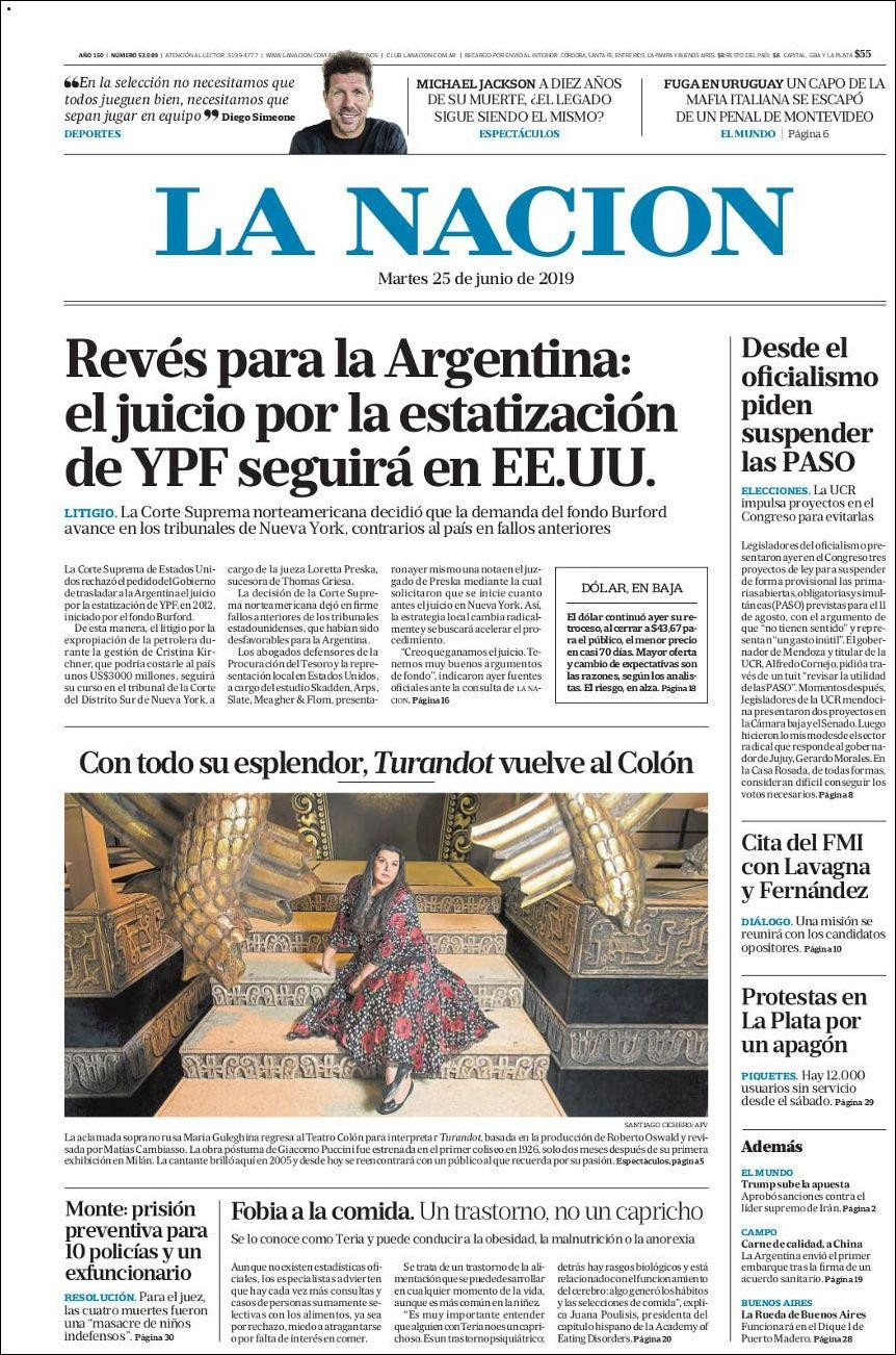 Tapas de diarios - La Nación martes 25-06-19
