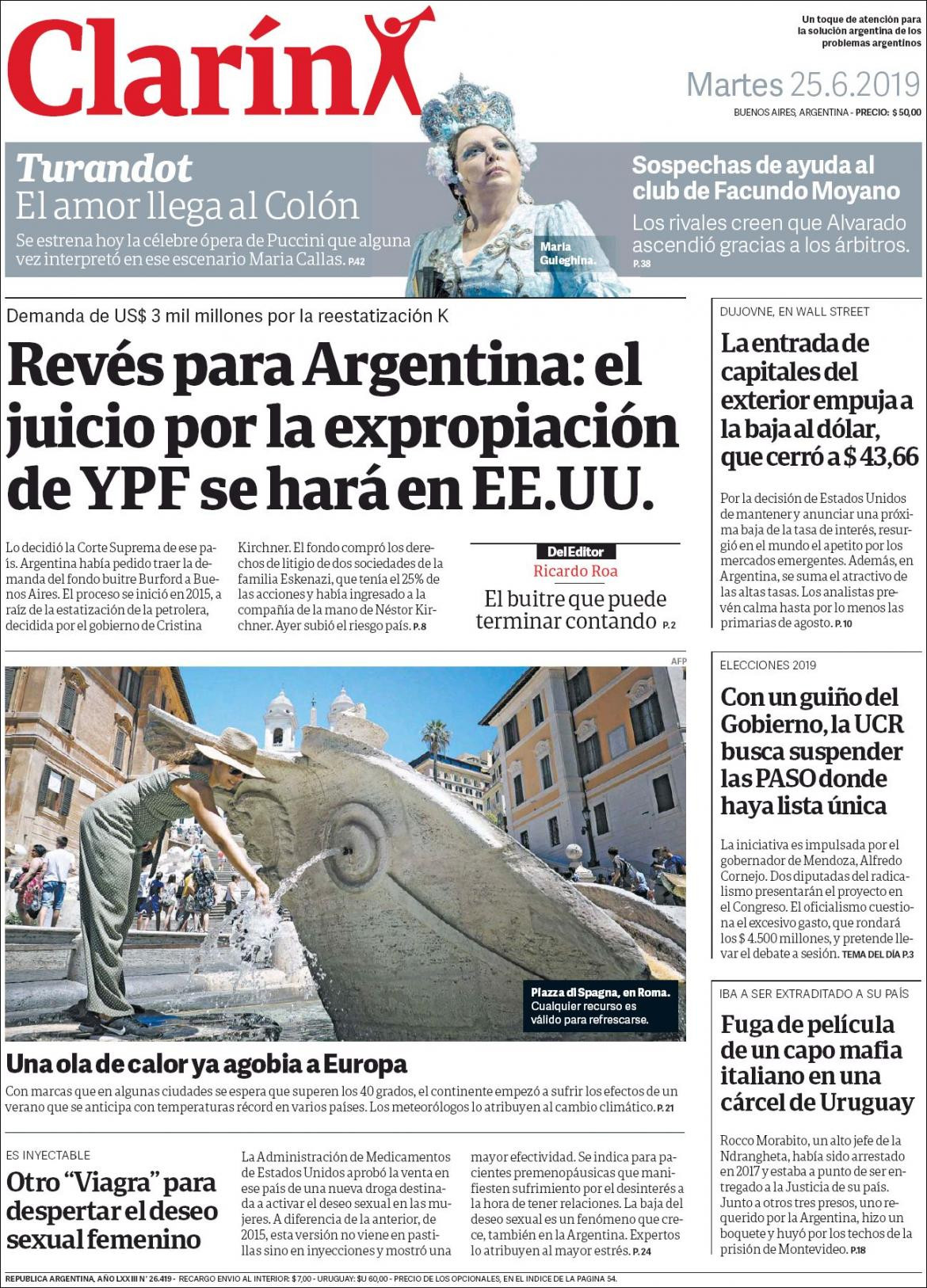 Tapas de diarios - Clarin martes 25-06-19