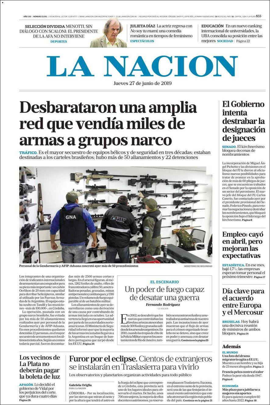 Tapas de diarios - La Nación jueves 27-06-19 