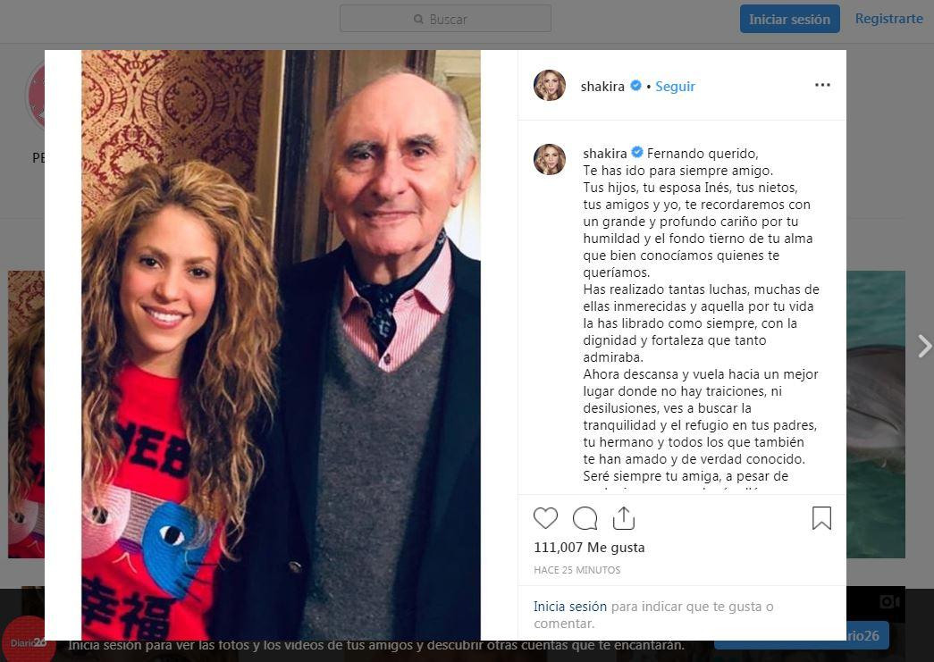 Shakira mensaje por muerte de Fernando de la Rúa, INSTAGRAM