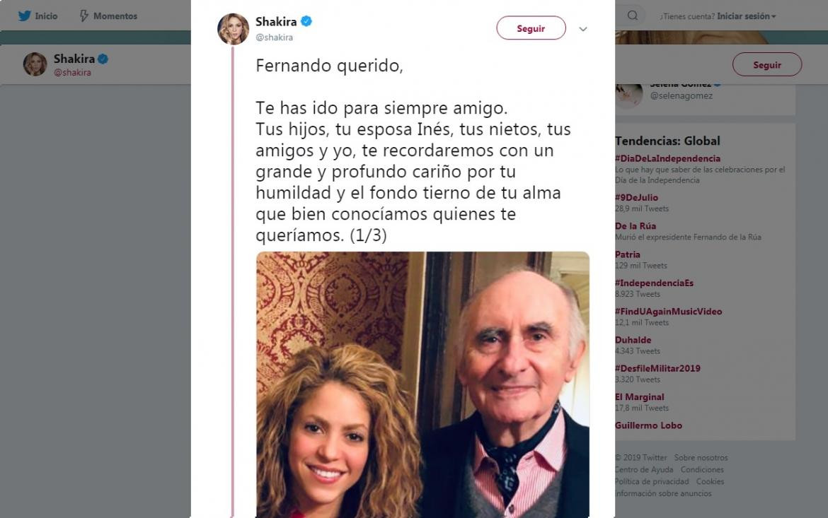 Shakira mensaje por muerte de Fernando de la Rúa, INSTAGRAM