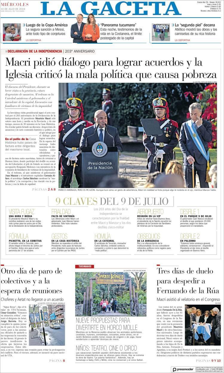 Tapas de diarios - La Gaceta miércoles 10-07-19