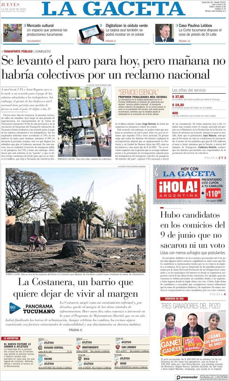 Tapas de diarios - La Gaceta jueves 11-07-19