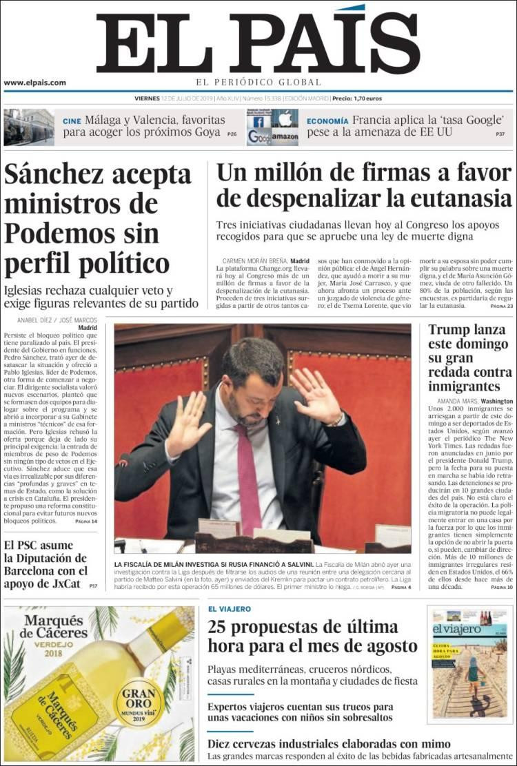 Tapas de diarios - El Pais de España viernes 12-07-19