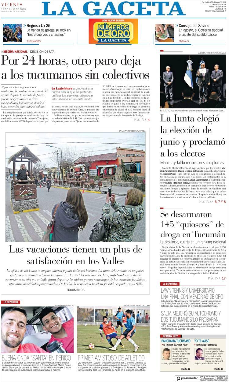 Tapas de diarios - La Gaceta viernes 12-07-19