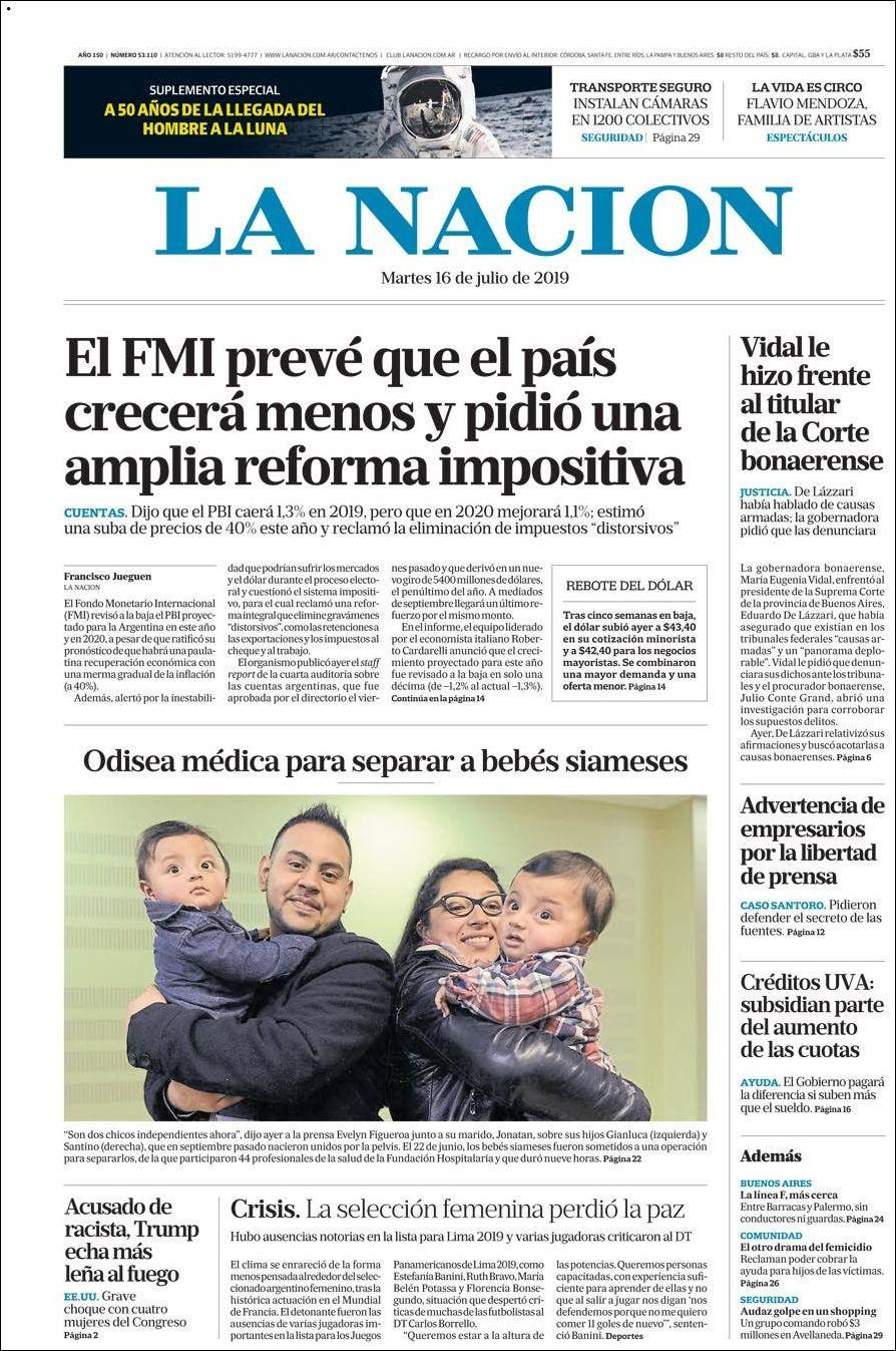 Tapas de diarios - La Nación martes 16-07-19