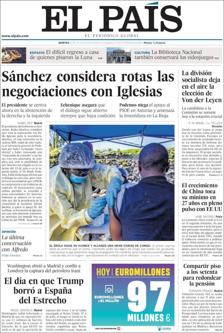 Tapas de diarios - El Pais de España martes 16-07-19