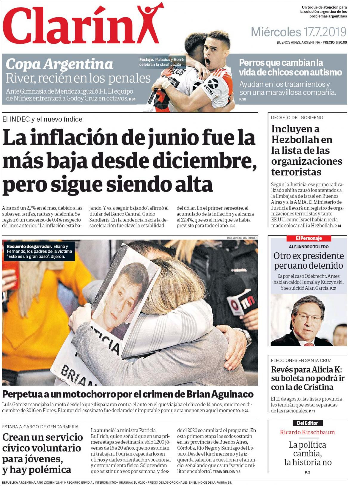 Tapas de diarios - Clarin miércoles 17-07-19