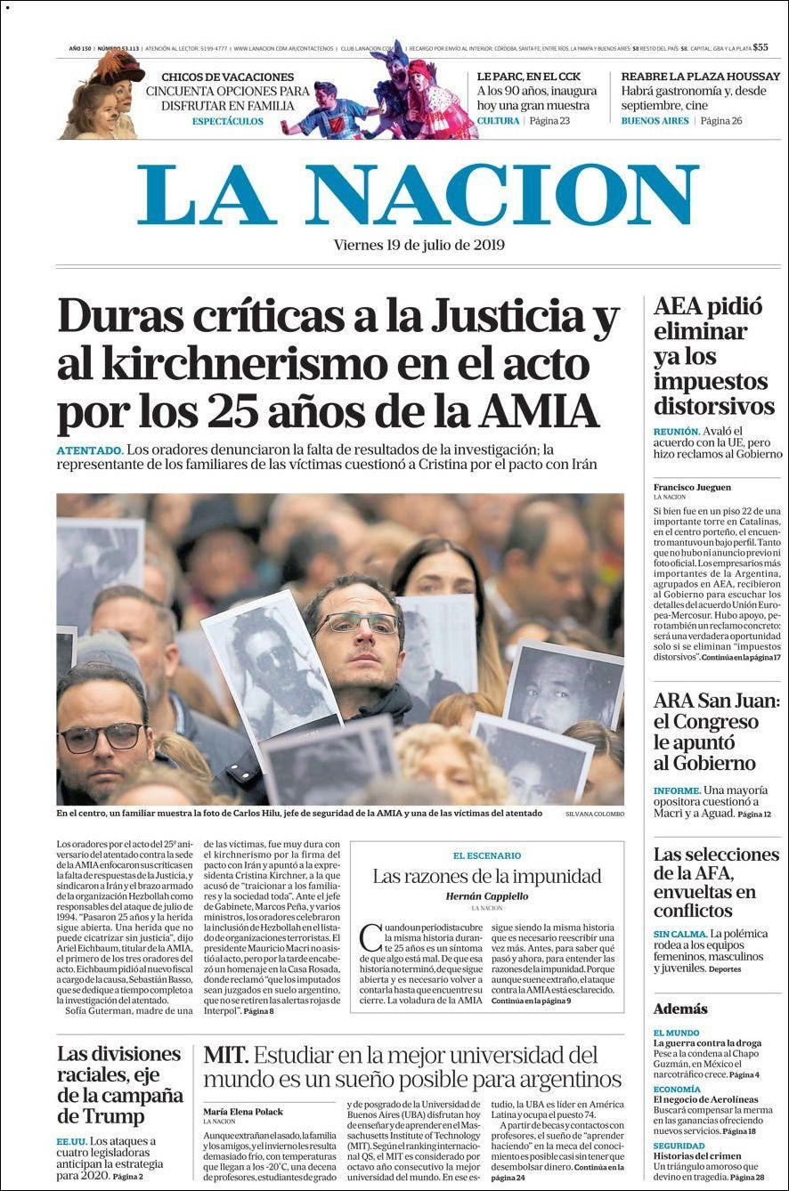Tapas de diarios, La Nación, viernes 19 de julio de 2019