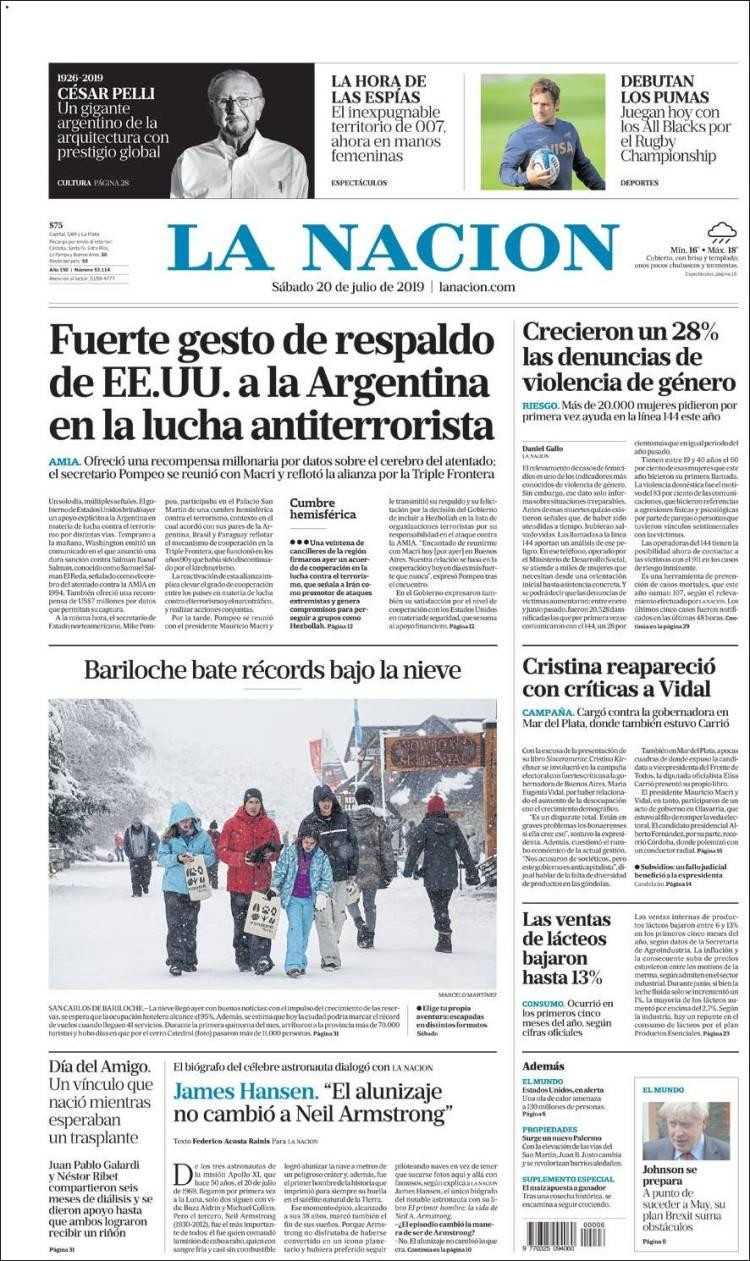 Tapas de diarios, La Nación, sábado 20 de julio de 2019	