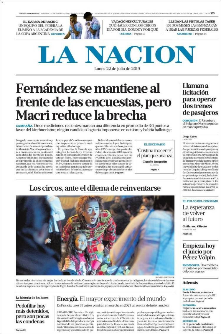 Tapas de diarios, 22-7-19, LA NACION