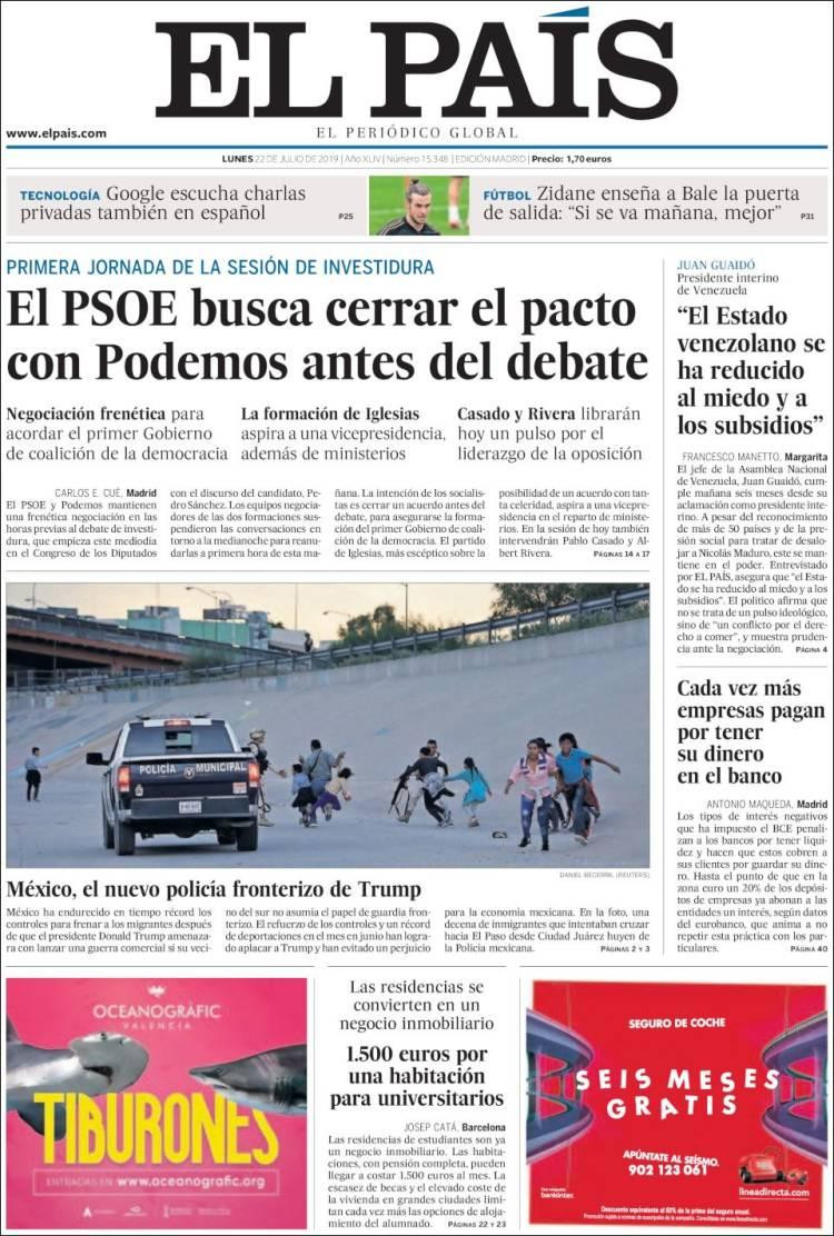 Tapas de diarios, 22-7-19, EL PAIS