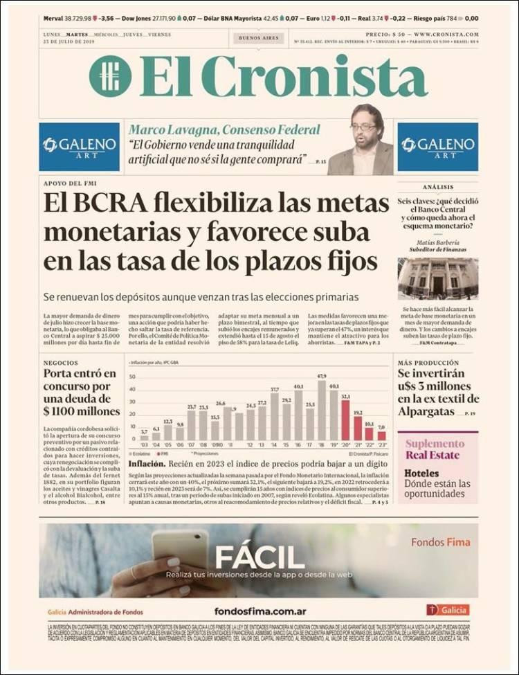 Tapas de diarios, El Cronista, martes 23 de julio de 2019